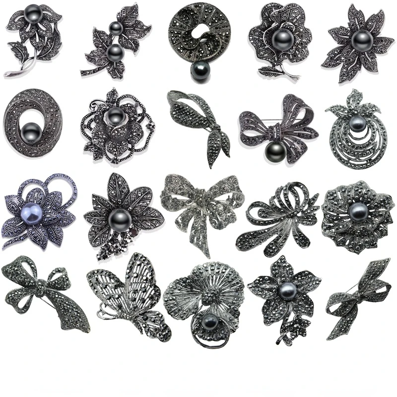 Rhinestone Black Flower Bow Tie Brooches for Women Vintage Elegant Large Brooch Pin Winter Coat Sweater Broches High Quality