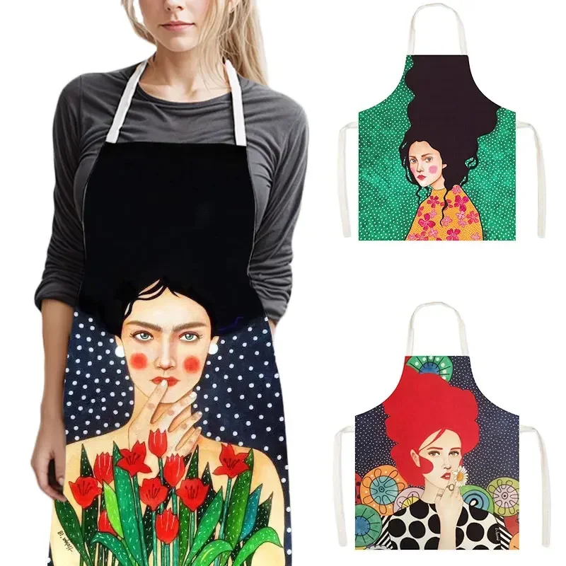 Vintage Painting Art Girl Print Kitchen Apron Oil Painting Women Baking Household Cleaning Tools Waiter Chef Cooking Pinafore