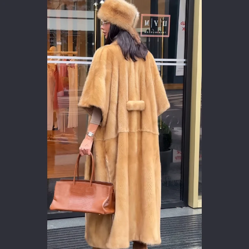 Women Faux Fur Shawl Collar Maxi Coat 3/4 Sleeve Open Front Self‑Tie Belt Loose Fit Vintage Warm Jacket luxury Ladies Outerwear