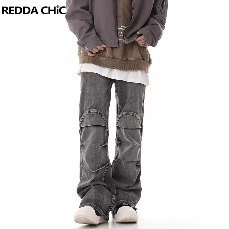 REDDACHIC Hiphop Men Pintuck Patchwork Baggy Jeans Distressed Gray Pleated Wide Leg Pants Retro Y2k Trousers Harajuku Streetwear