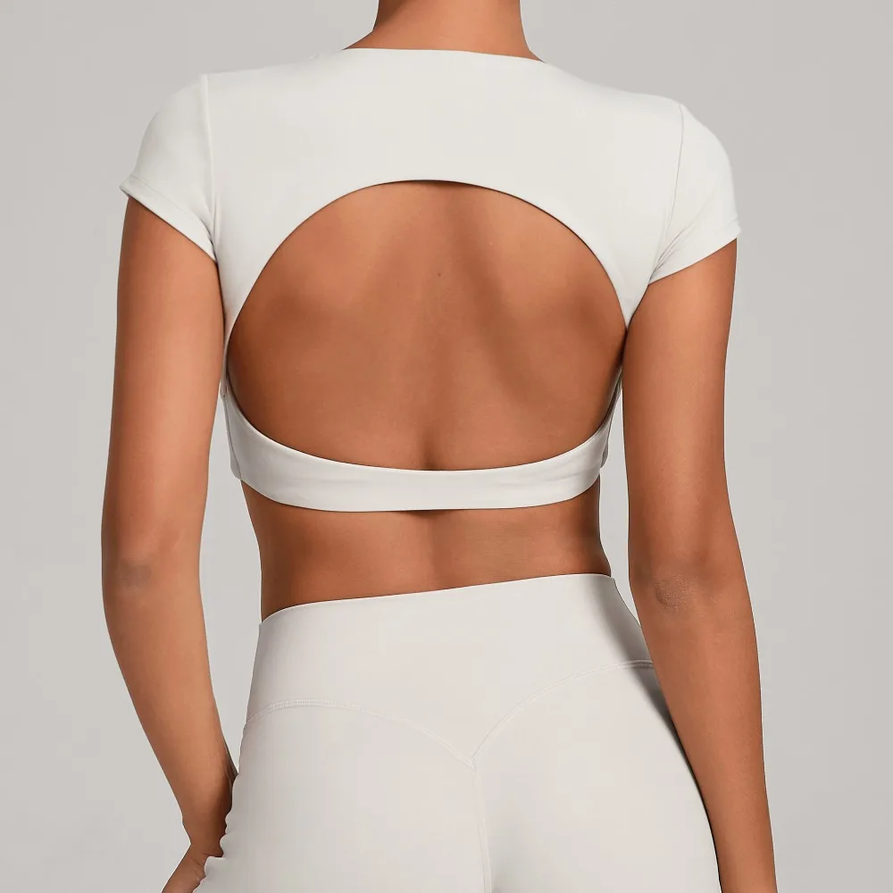 Gym Workout Clothes Backless Running Sports Top Double-layer Stitching No Chest Pad Yoga Wear Fitness Short Sleeve for Women