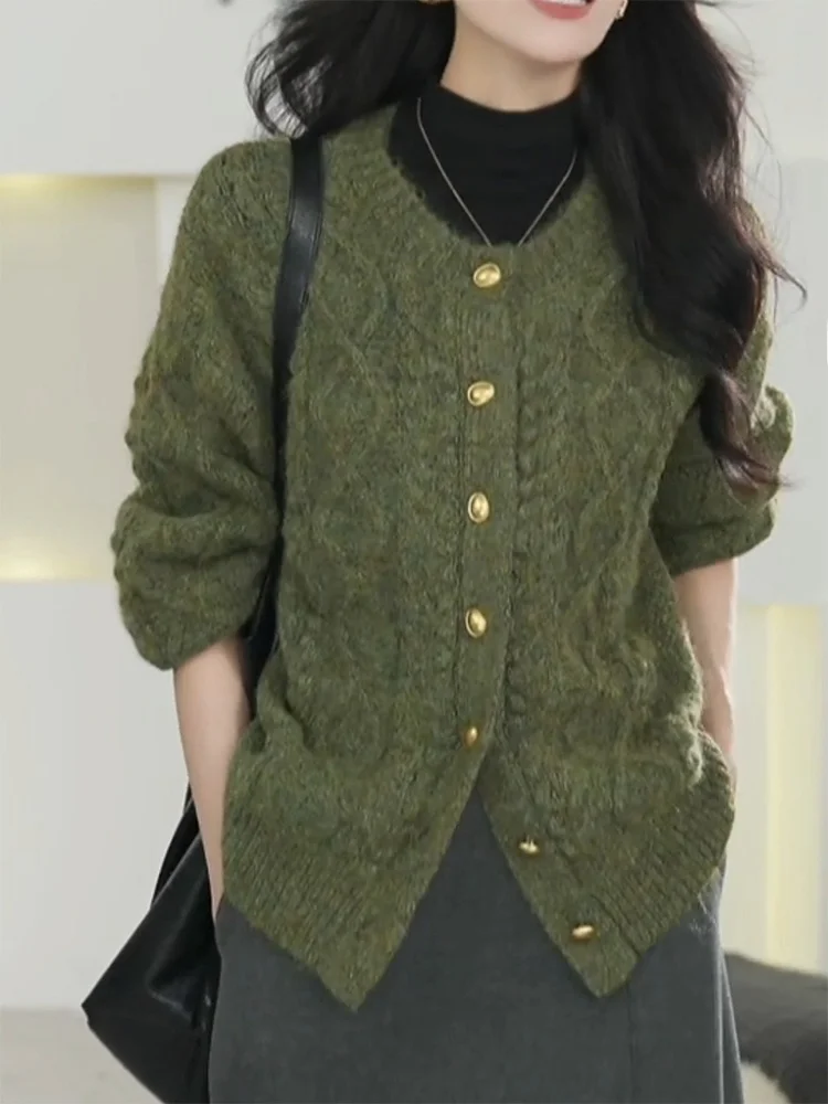 

V-Ne Knitted Open Cardigan Autumn New Sle plus Size Retro Slimming Age-Defng Top High-End Feeling Elegance Whitening