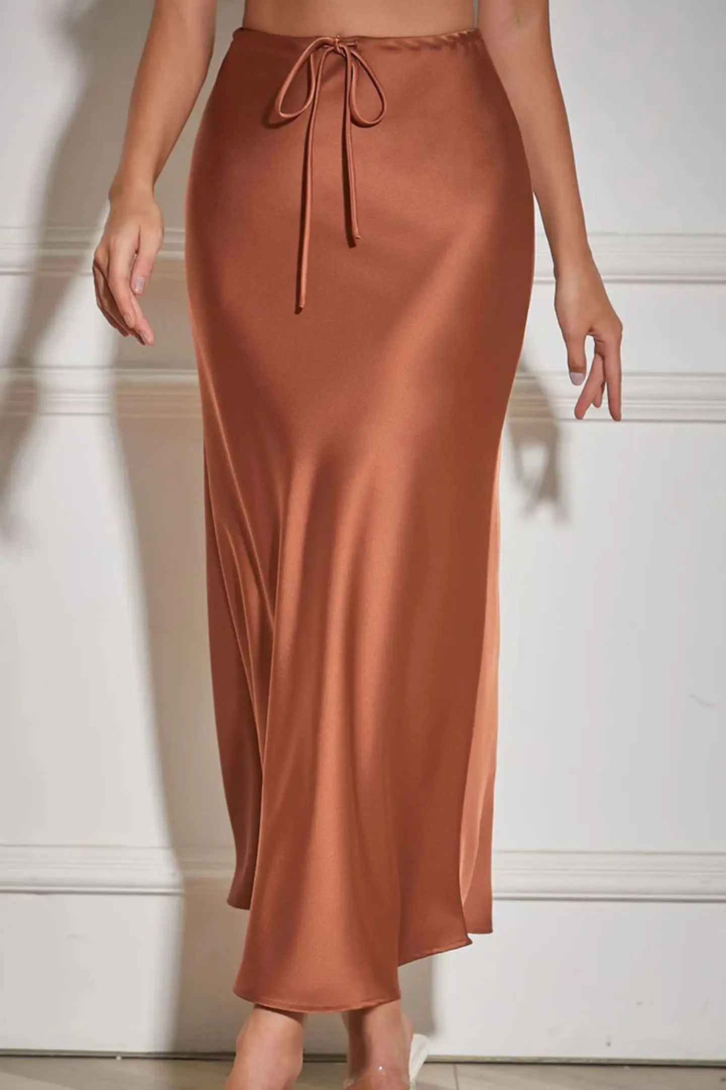 Women Solid Color Satin Drawstring Midi Skirt High Waist Drawstring Long Wrap Skirt Party Cocktail Wedding