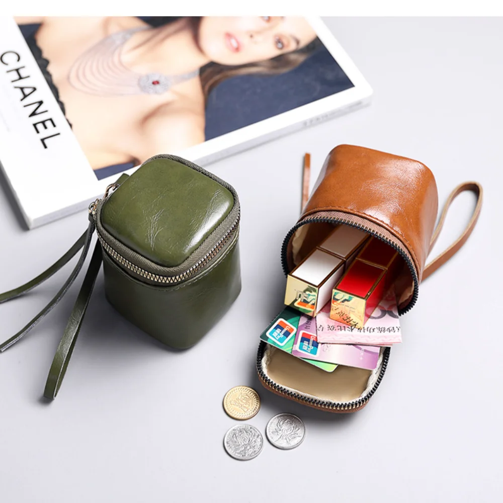 Practical Portable Small Square Coin Purse Lipstick Storage Wrist Bag Zipper Wallet Lightweight Leather Cosmetic Bag Women