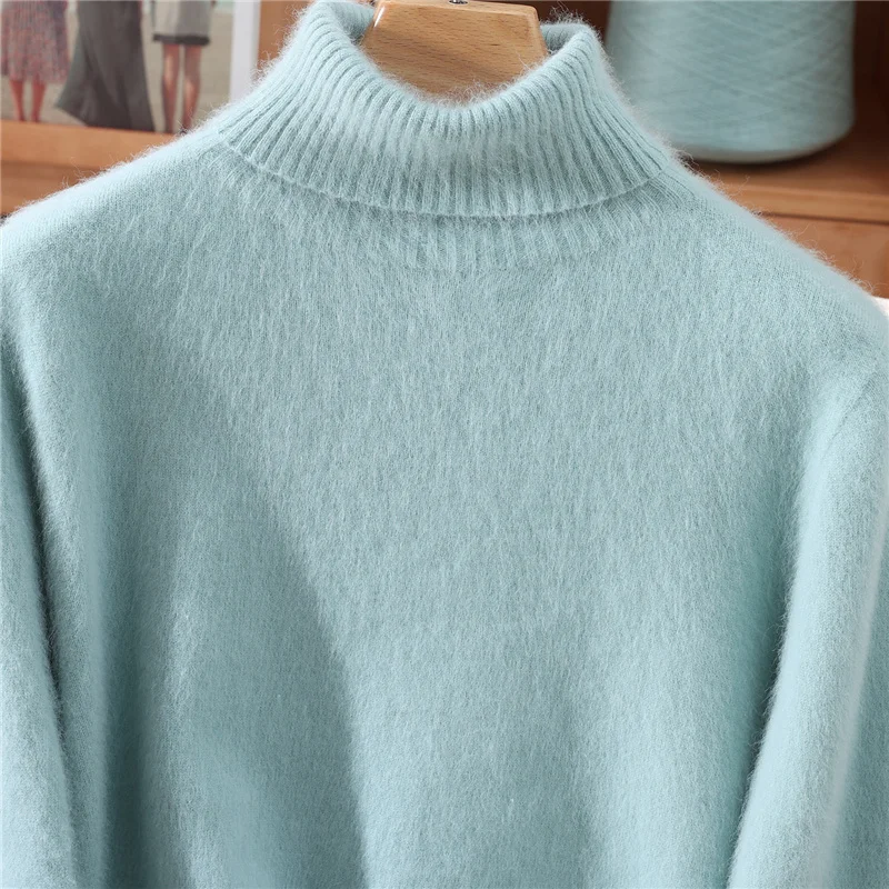 الخريف والشتاء جديد 100% المنك سترة الكشمير المعنقة السيدات عالية التلبيب بلون مبطن البلوز الصوف محبوك قاع قميص