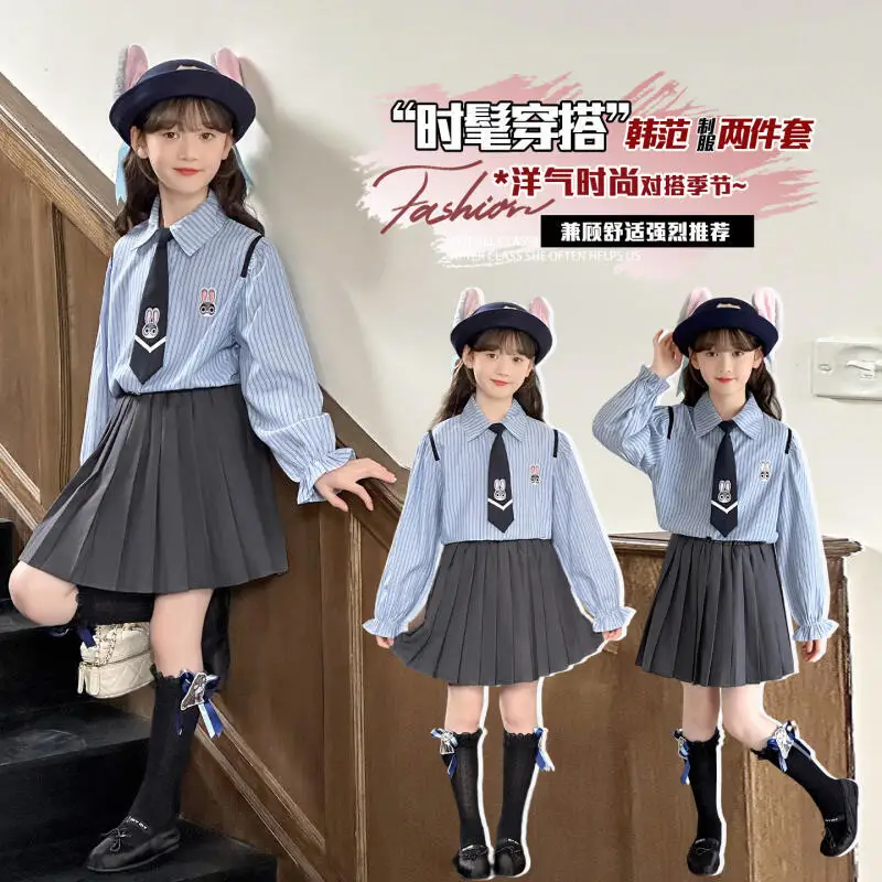

Disney Judy Hopps Cartoon Girls Shirt Pleated Skirt Suit 2026 Spring Cute Bunny Cop Children Long Sleeves Jk Suit Preppy Style