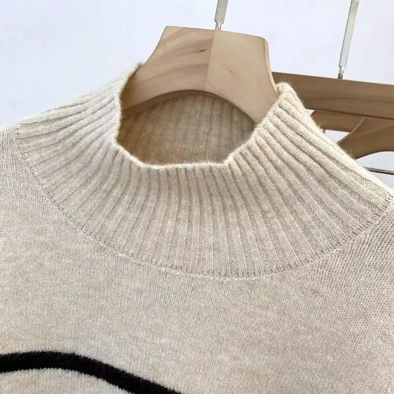 Fashion Contrast Color Striped Half High Collar Autumn Winter New Knitted Top Comfortable All-match Sweater Female Undershirt