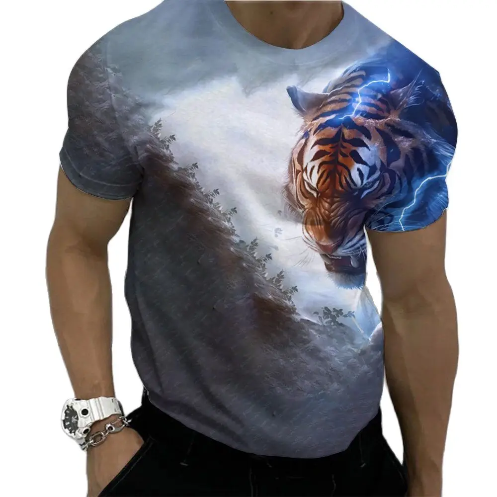 2023 Summer T-shirts Men Animal Tiger 3d Print Fashion Short Sleeve Tops Micro Elastic Sport Fitness T Shirt For Men Clothing