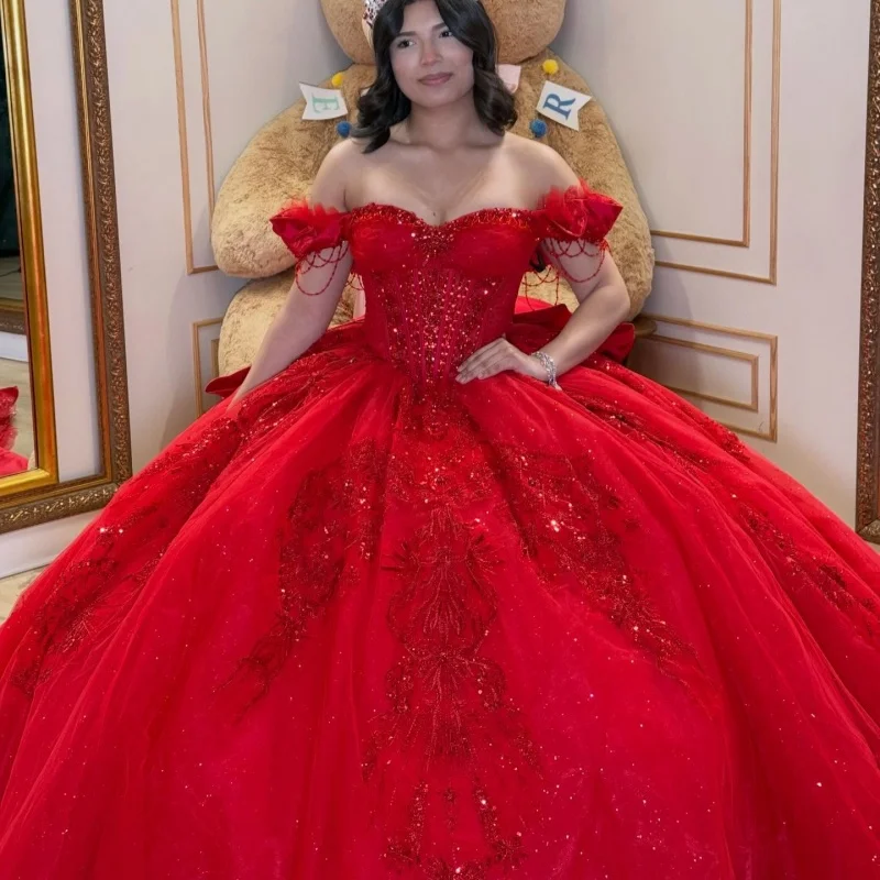 

Shiny Red Quinceanera Dresses Off the Shoulder Sequins Layering Decal Long tail Bow Vestidoe 15 Quinceanera Customize