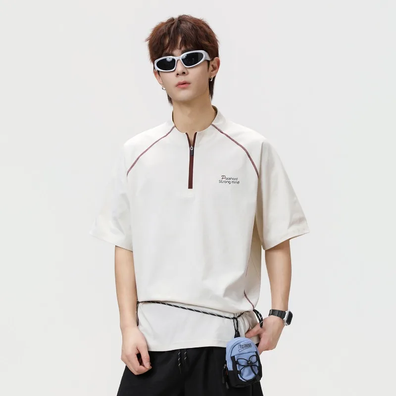 

TFETTERS 2026 Summer New Men Half-Zip Sport T-Shirt Contrast Stitching Letter Print Oversized Loose Fit Breathable Athletic Tee