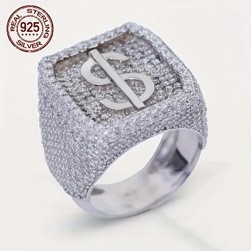 2026 New Men's Geometric Carving Dollar Symbol 925 Silver Rings Platinum Plated Hip Hop Punk Rapper Ring Jewelry Gift