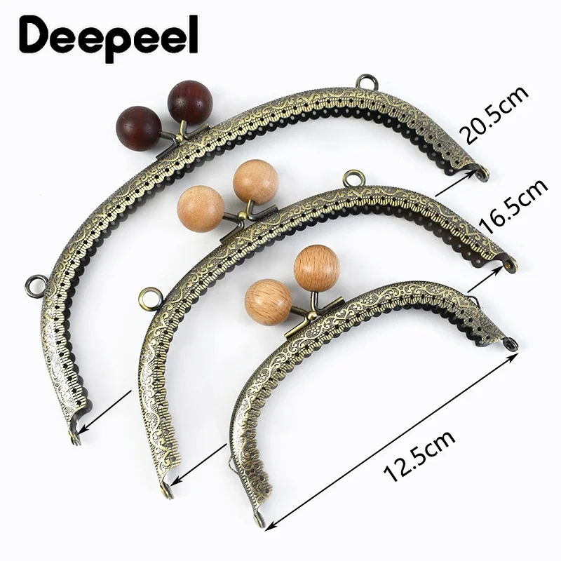 2Pcs 12.5/16.5/20.5cm Metal Embossed Purse Frame with Wood Bead Head Wallet Kiss Clasps  Handles DIY Sewing Hardware Accessories