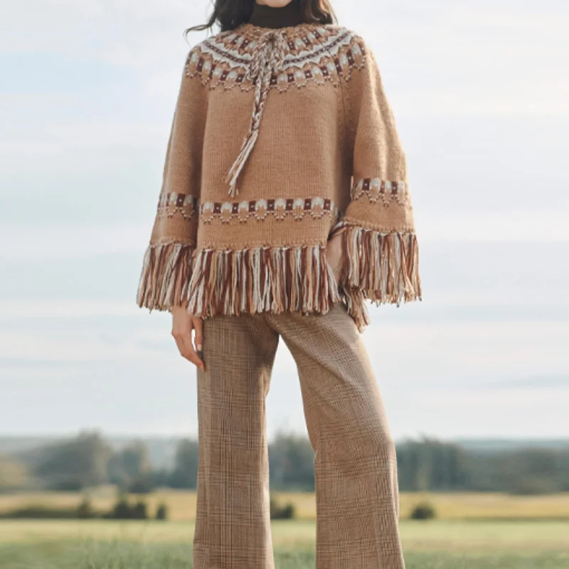 

Женский свитер с кисточками по подолу, вязаный пуловер с круглым вырезом и принтом, шикарный свободный мягкий топ на шнуровке, новинка 2025, осенне-зимний женский трикотаж