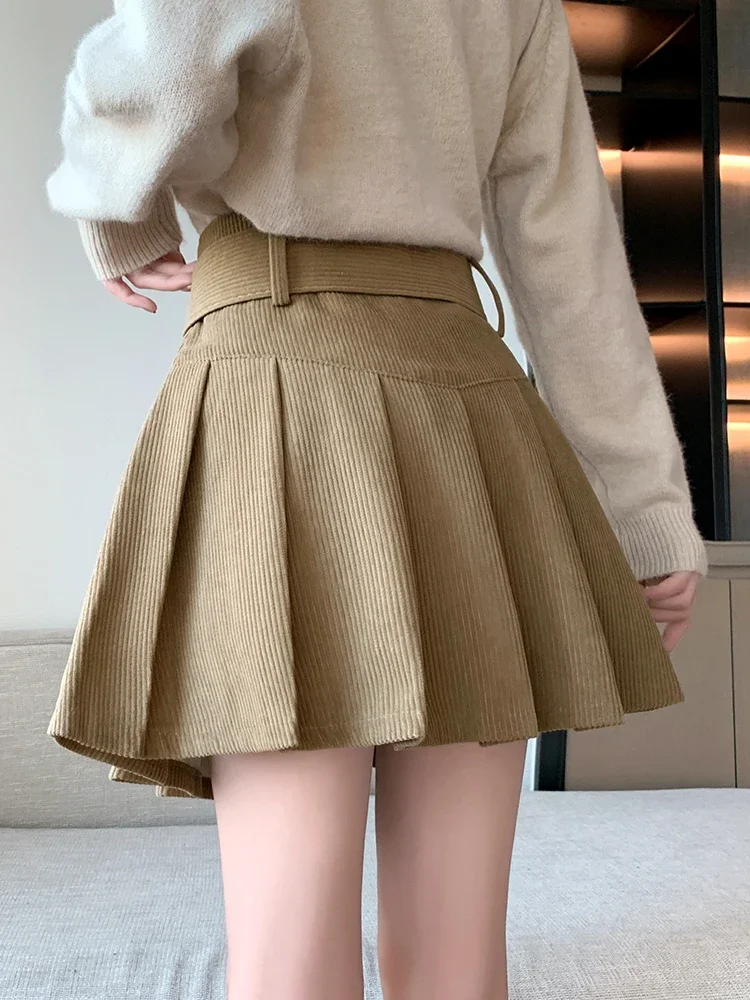 QOERLIN with Belt Pleated Skirts Short Women High Waist Mini Skirt with Shorts Y2K Streetwear Korean Fashion Black Skirts 2024