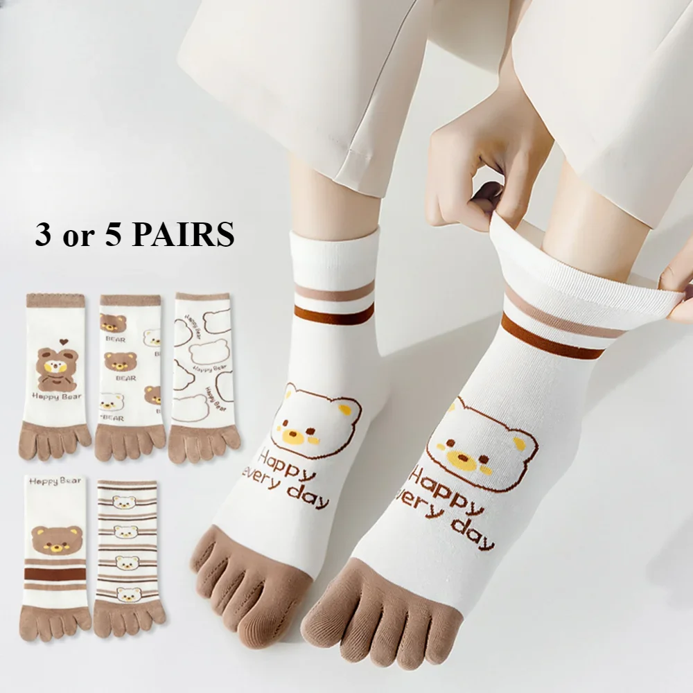 

3/5 Pairs Cute Cartoon Bear Toe Socks Women High Quality Cotton Five Finger Socks Middle Tube Athletic Socks Ladies