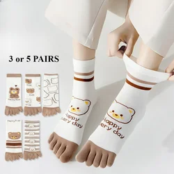 3/5 Pairs Cute Cartoon Bear Toe Socks Women High Quality Cotton Five Finger Socks Middle Tube Athletic Socks Ladies