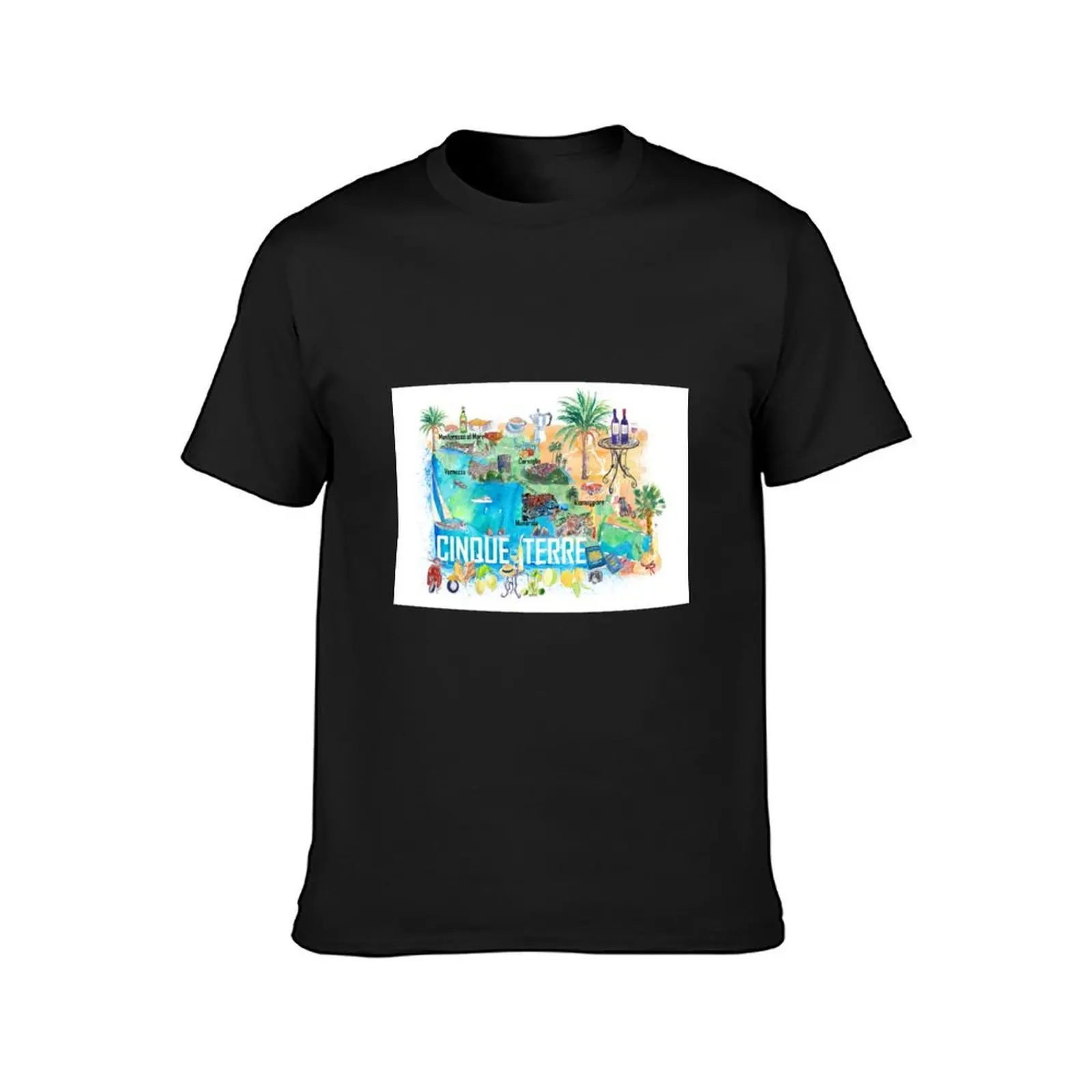 Cinque Terre Italy Illustrated Mediterranean Travel Map with Highlights of Liguria Coast T-Shirt blanks sublime T-shirt men