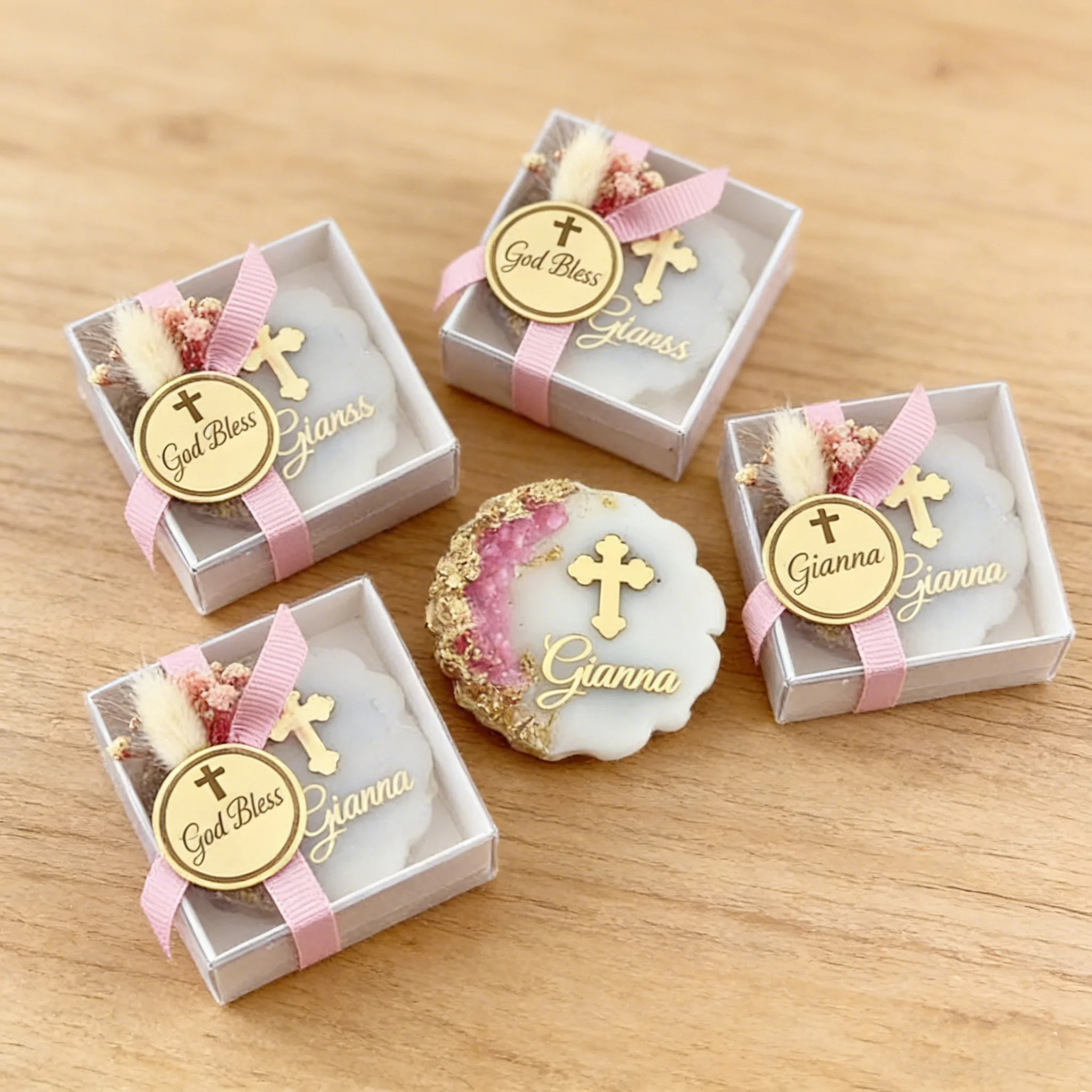 Pink Baptism Magnet Favors | Gold Epoxy Personalized Christening Gift | Religious Party Favors for Guests Bulk
