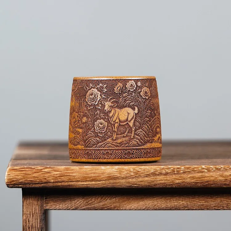 Yixing Zisha Handmade Duan Ni Clay Carved Three Goats Teacup Master Cup Tea Tasting Cup Ceramic Home Tea Set