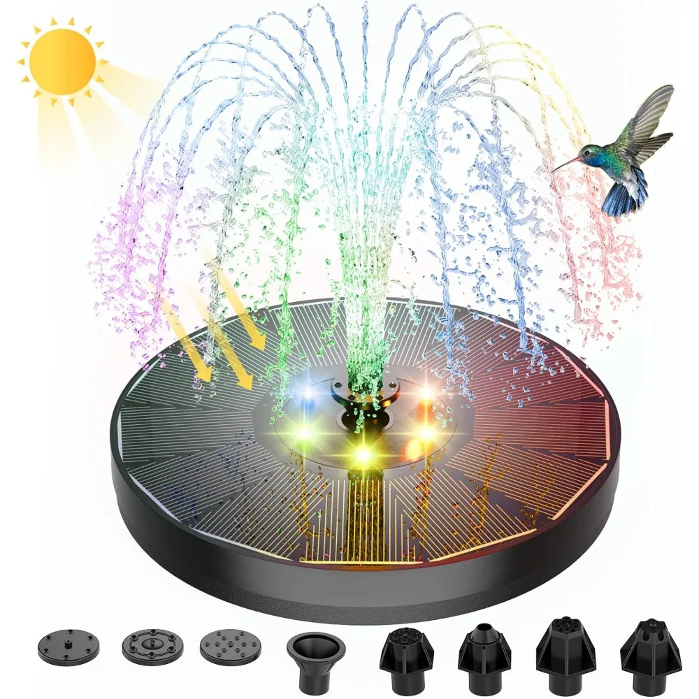 

Solar Powered Fountain 4W Bird Bath Fountains Pump Upgraded Glass Panel Fountains with Color LED Lights 7 Nozzles & 4 Fixers