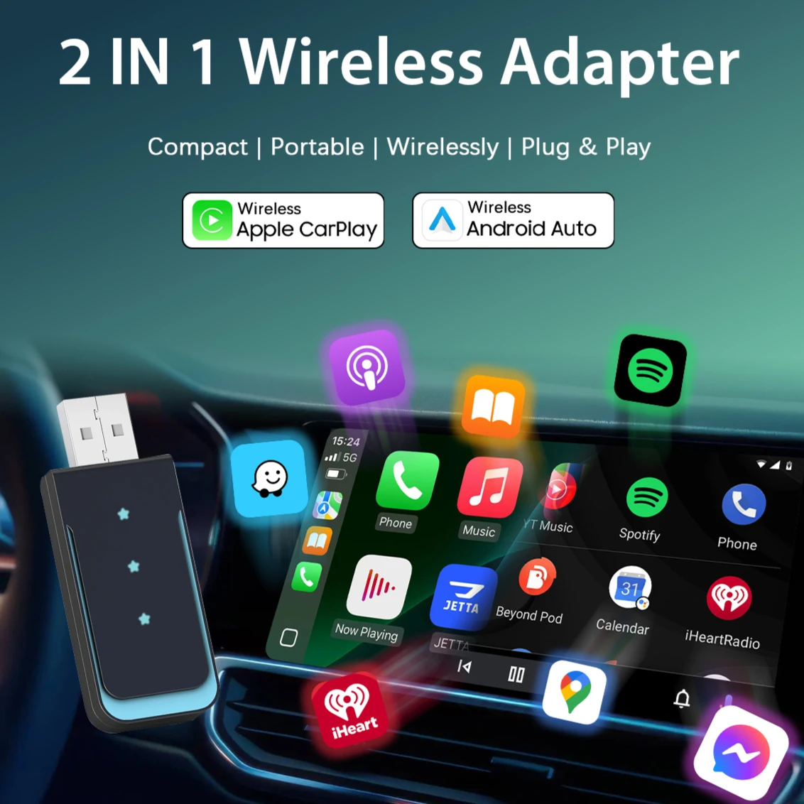 2 In 1 Android Auto Adapter Wireless CarPlay Apple Adapter Car Play Mini TV Box Dongle Plug and Play No Latency for OEM Car