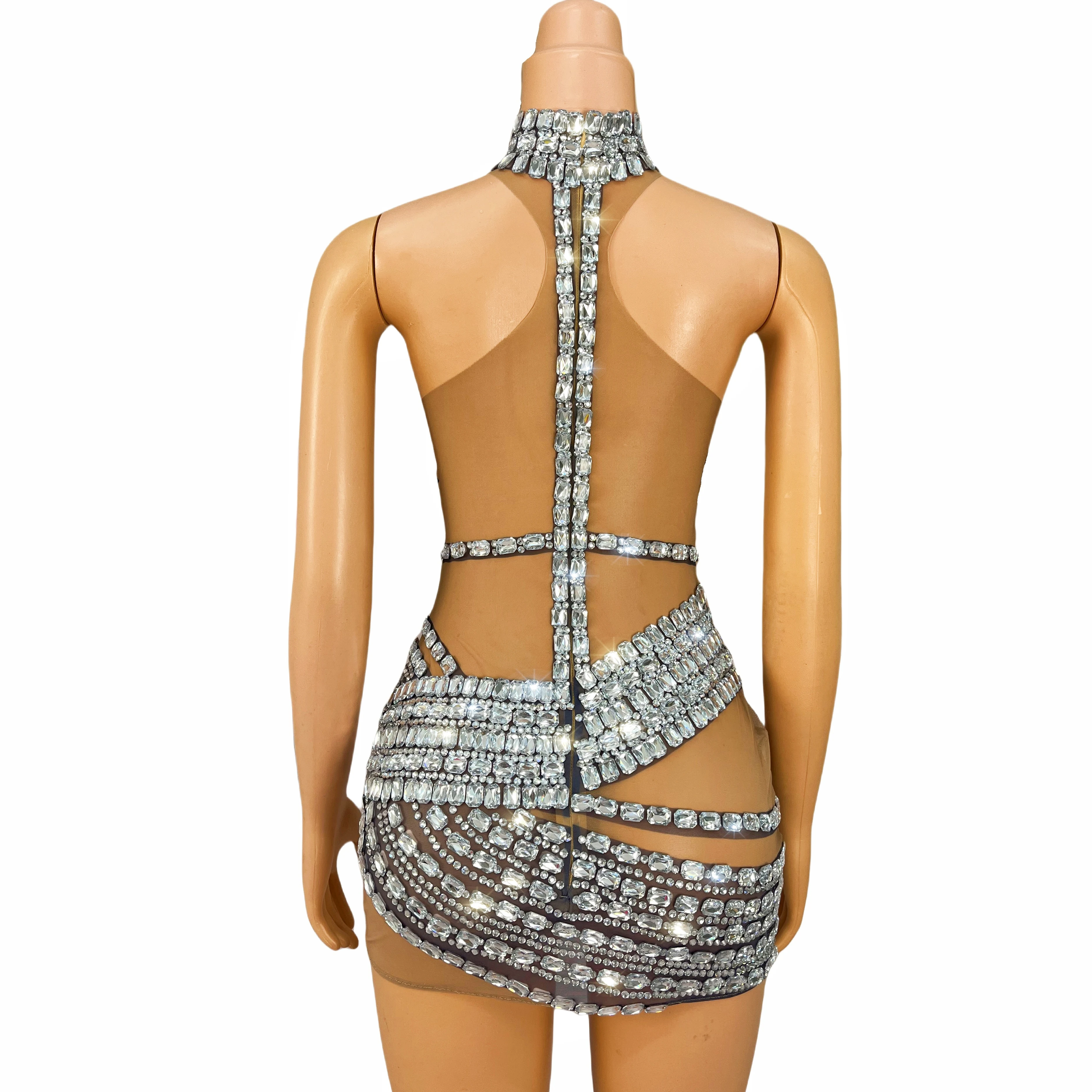 New Special Perform Costume Sparkly Silver Rhinestones Halterneck Mesh Dress Women Dancer Sexy Night Party Club Vestido Tielian