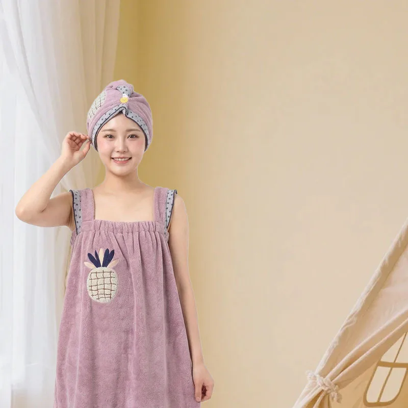 New Embroidered Fruit-Print Contrast-Colored Coral Fleece Bath Robe and Hair Towel Cap for Women