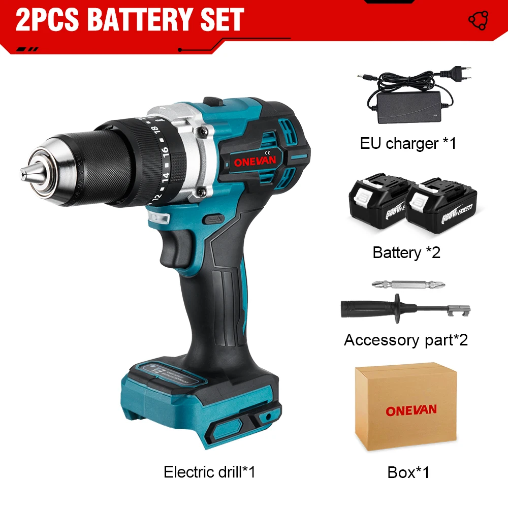 ONEVAN 1500W Borstelloze Elektrische Klopboormachine 650NM Accuschroevendraaier Platen Bodem Houtbewerking Tool Voor Makita Batterij Pin