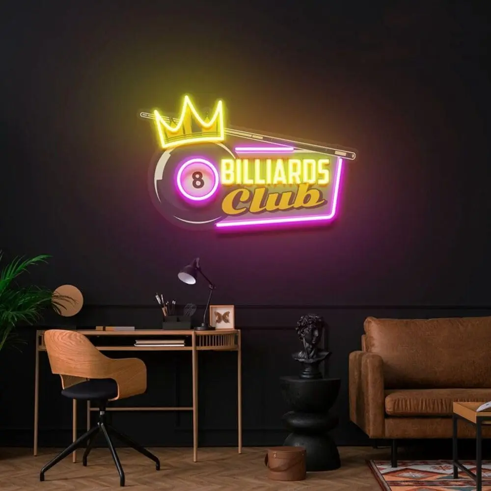 Vibrant 8 Ball with Crown LED Neon Sign for Billiards Club Bar Game Room Man Cave Decor Lucky Ball Symbol of Victory Wall Art