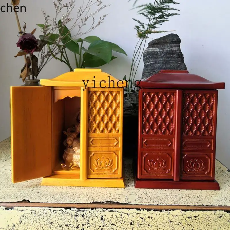 YFY Full Real Home with Door Little Buddha Mini Engraved Portable Amulet Boxes of Source Wood