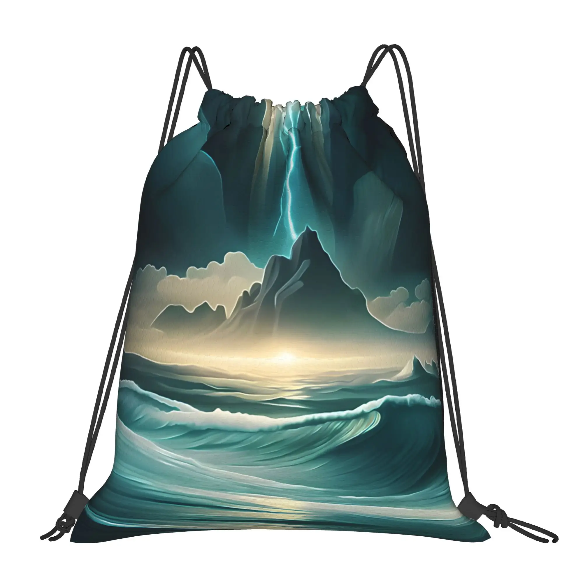 Trippy Landscape Abstract Ocean View Lightning Portable Hiking Riding gym Drawstring Bags Cool gift Storage Backpacks
