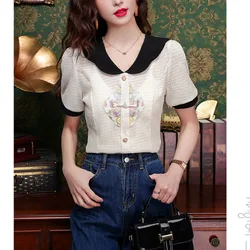 2024 New Women's Summer Chinese Style Contrasting Doll Collar Button Versatile Fashion Commuter Short Sleeve Embroidery Shirt