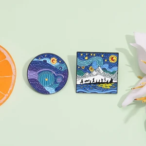 3-5 buah / set Pin Enamel Seri Lukisan Cat Minyak Van Gogh Jeritan Langit Berbintang Bunga Matahari Seni Bros Kerah Lencana Perhiasan Hadiah 10 pin makanan penjualan terbaik - №