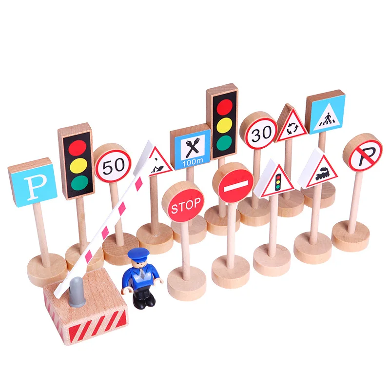 Wooden Road Traffic Sign Model Suit, Rail City Street View Toys Children's Education Scene Diy Road Sign Accessories，XT255