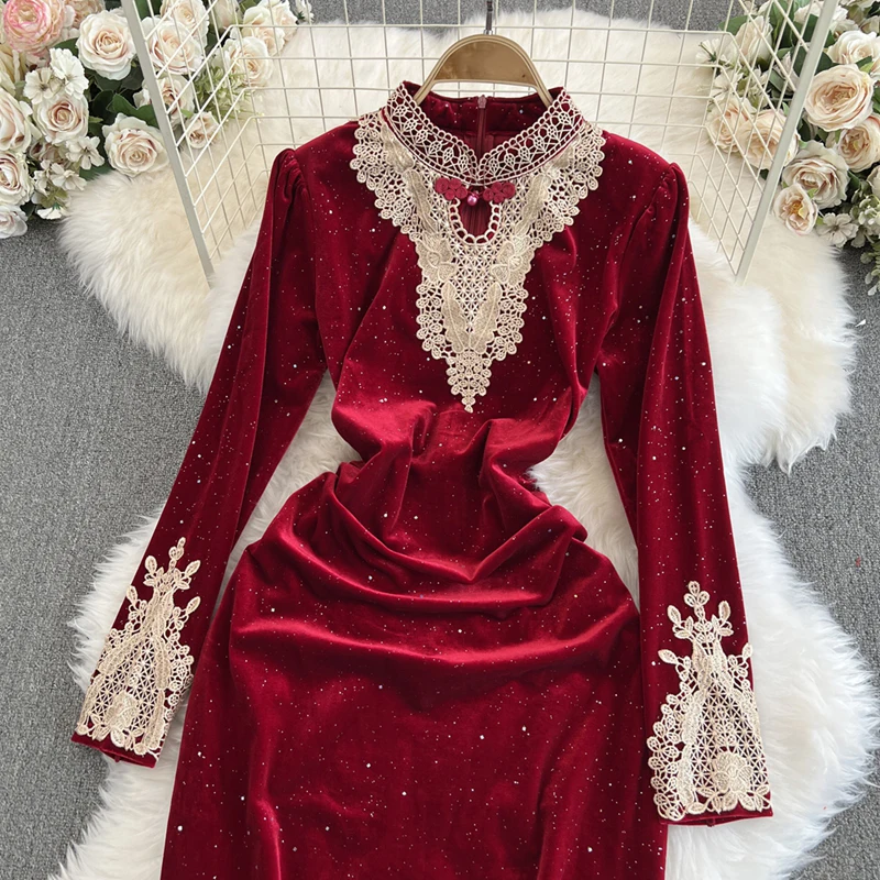 Evnisi-女性のためのエレガントなレースのドレス,モックネックスリムドレス,長袖,中国のチャイナドレス,ヴィンテージ,台形のパーティードレス