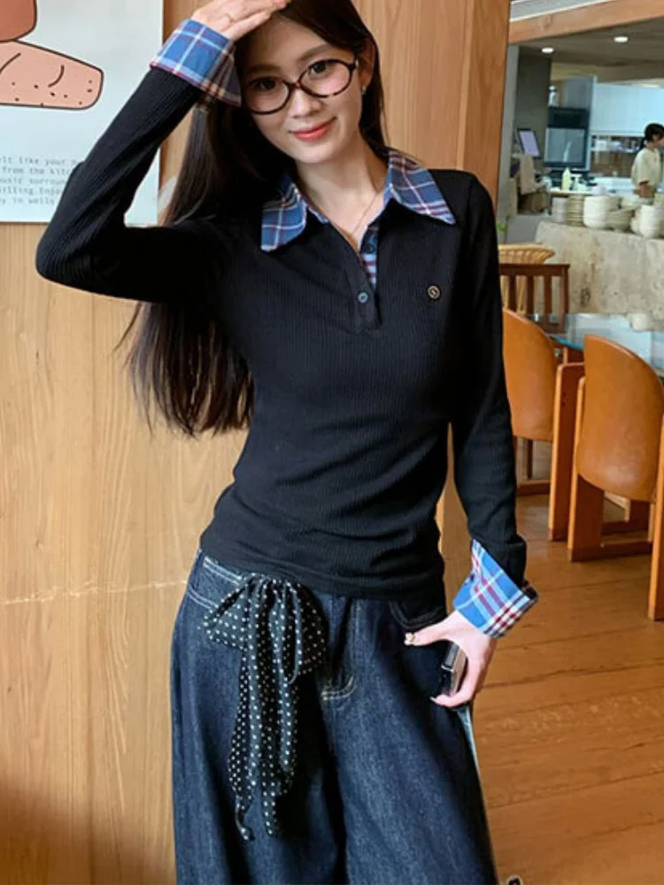Lapel Plaid Patchwork Shirt Women's Embroidery Polo Neck Fake Two Piece Y2k Chic Preppy Style T-shirt Long Sleeved Slim Fit Top