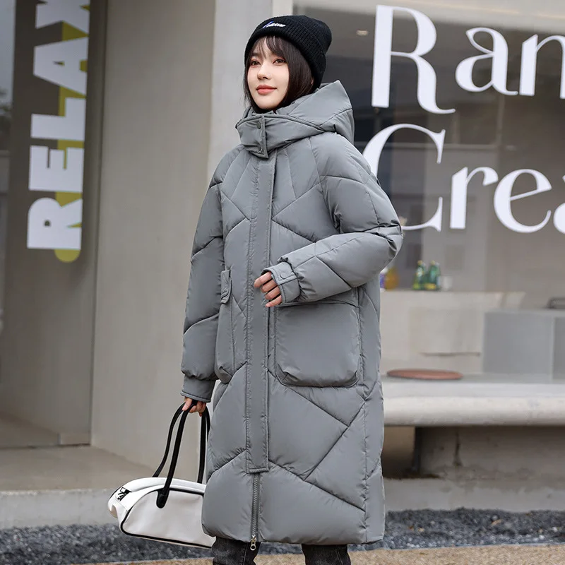 

Women Parkas Coat Mid Length Solid Jacket Detachable Hooded Zipper Pocket Long Sleeve Loose Thick Office Lady Casual 2025 Winter