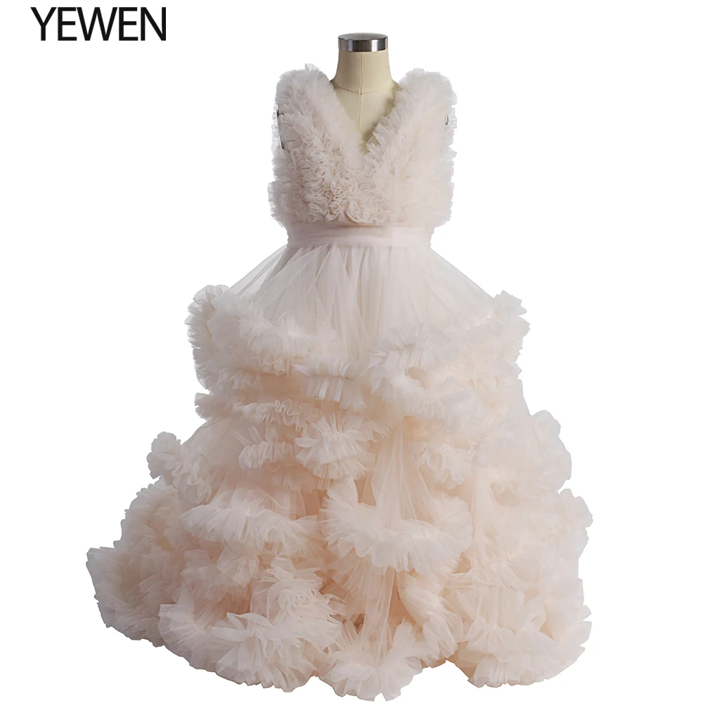 

Soft Tulle Ruffles V Neck Girls Party Dresses Flower Girl Dresses for Babies Princess Party Dress Photo Shooting Dress YEWEN