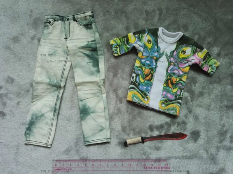 1/6 Scale Mini Male Clothes Street Hoodlum Ruffian Tattoo Patterned T-Shirt Jeans Machete Fit For 12-inch Action Figure Soldier