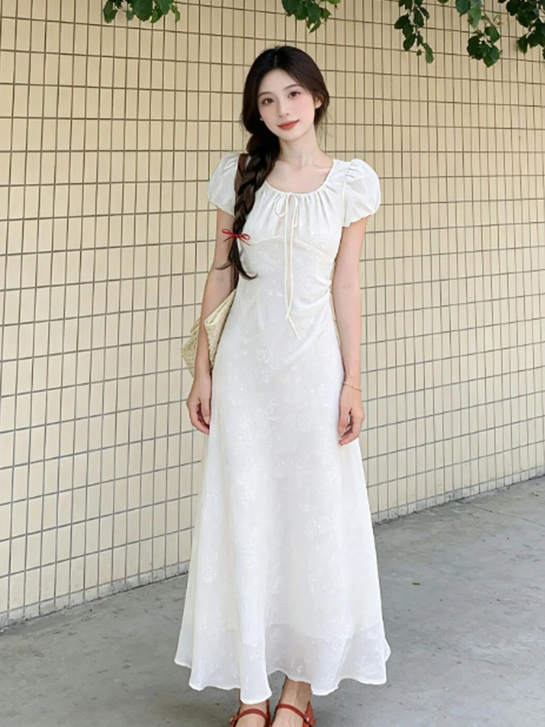 

Sweet Waist Cinched Fairy Long Dress Summer 2026 New Style Women's Dress Soft Style High Waist Short Sleeve V-Neck Midi Dress