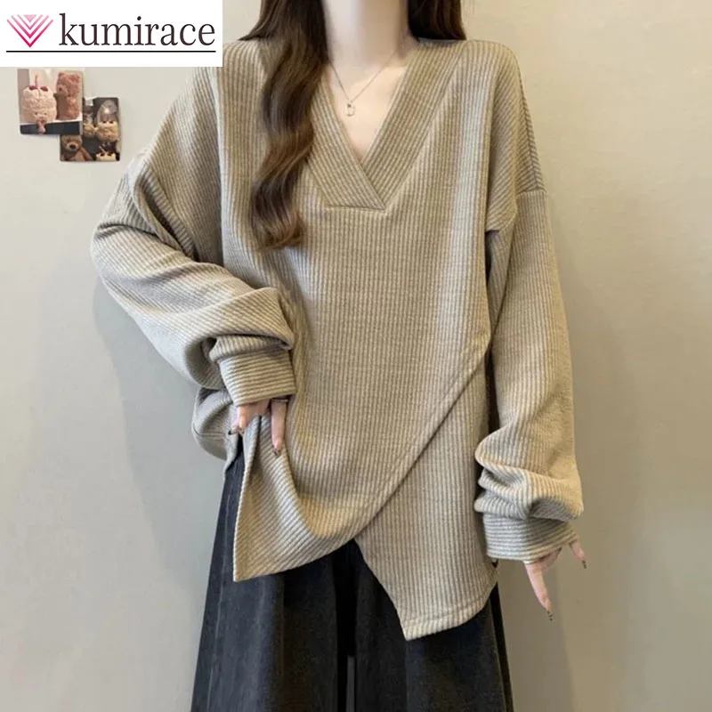 

Women's Large V-neck Long Sleeved Hoodie, Thin Loose Casual Meat Covering Top, Lazy Style, Fat mm Look, Spring and Autumn