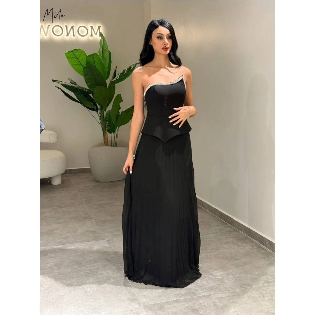 Mila Black Asymmetrical Shoulder Beaded Trim Prom Dresses Peplum Waist Customized Formal Evening Pleated Chiffon Floor-length
