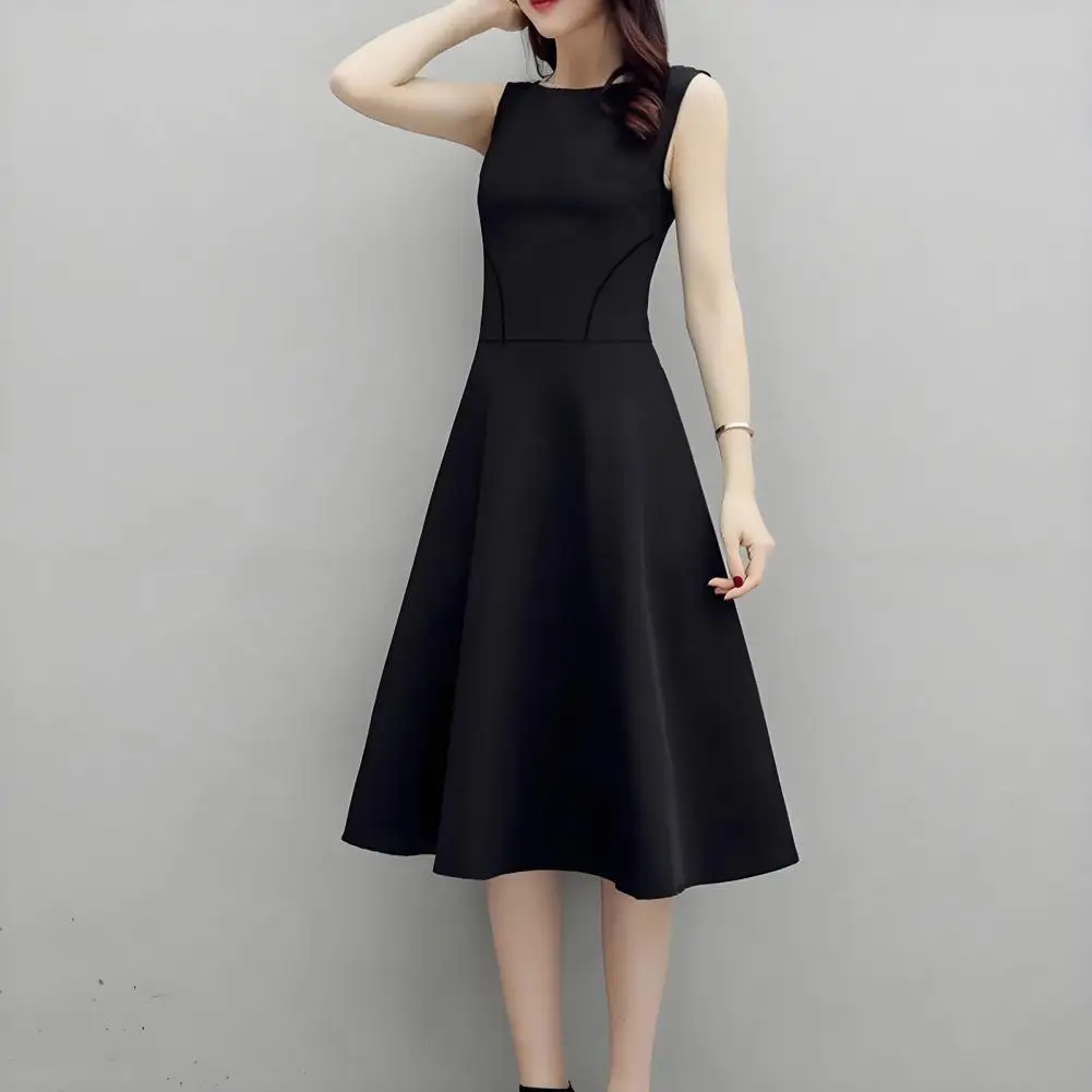 女性ノースリーブミディドレス夏クルーネック流れるロングドレスビーチカジュアルプリーツスイングタンクドレス