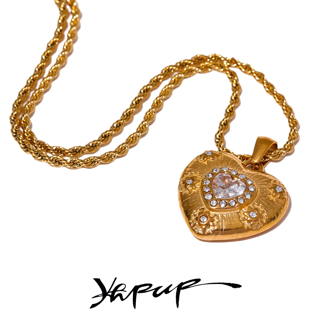 Yhpup Exquisite Edelstahl Herz Liebe CZ Anhänger Halskette Hohe Qualität Glänzenden Zirkonia Romantische Gold Farbe Schmuck