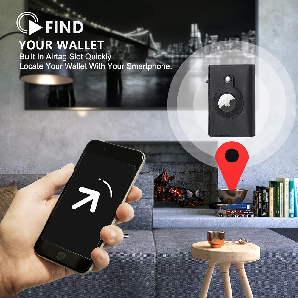 CASEKEY الرجال جلد البقر الذكية Airtag محفظة تتفاعل مجنون الحصان قسط الجلود المغناطيسي إغلاق المنبثقة الائتمان الهواء بطاقة حامل