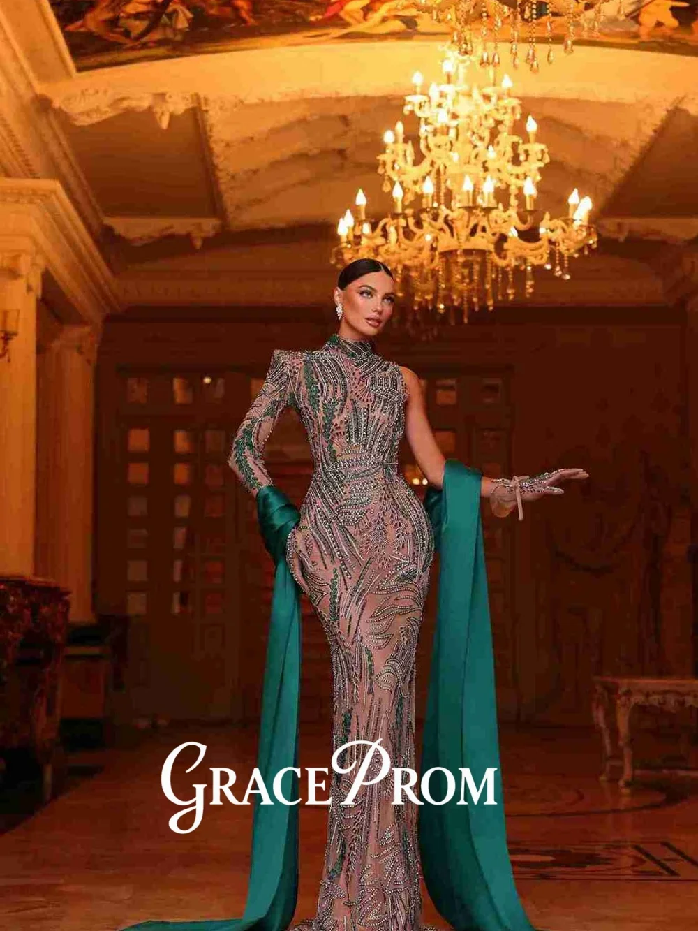 그레이스프롬 우아한 하이넥 이브닝 드레스 2026 정교한 텍스처 카펫 가운 트렌디 A라인 플로어 길이 파티 가운