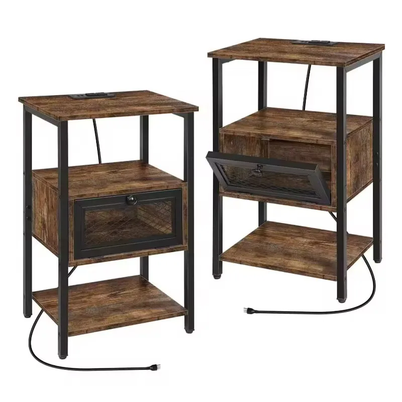 Set of 2 Side Tables with Charging Station – 3-Tier Night Stands with USB Ports and Drawer, Perfect for Narrow Spaces!