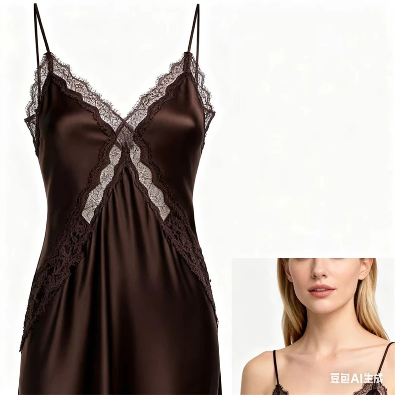 Women's Dark Brown Satin Slip Dress with Lace Trim, Spaghetti Strap V-Neck Maxi Dress, Elegant Nightwear & Party Dress"