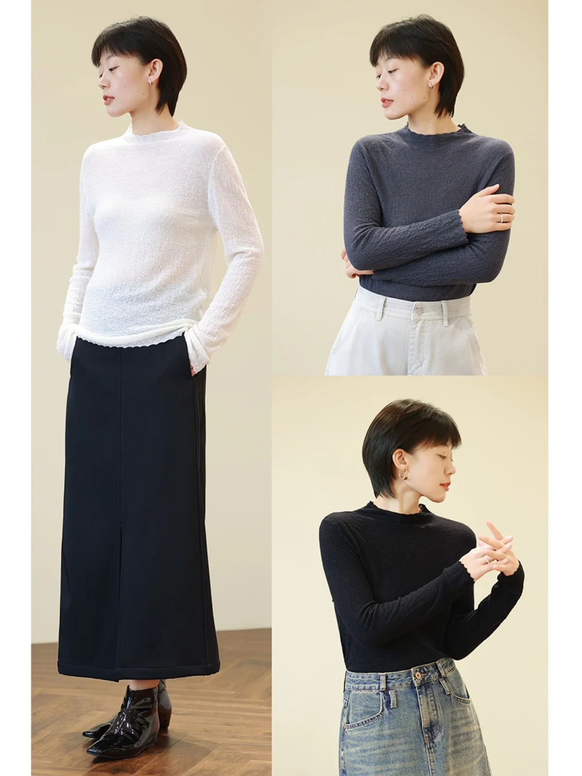 

Простой текстурированный шерстяной вязаный топ с круглым вырезом для женщин, облегающий, для повседневной носки, с длинным рукавом, однотонный.