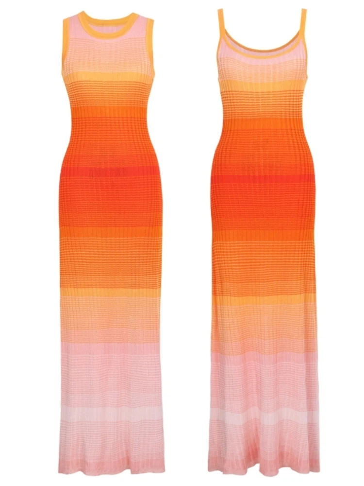 

Summer Women Gradient Color Suspender Vest Elegant Slim Fit Fashionable Vacation Comfortable Sleeveless Knitted Dress Female